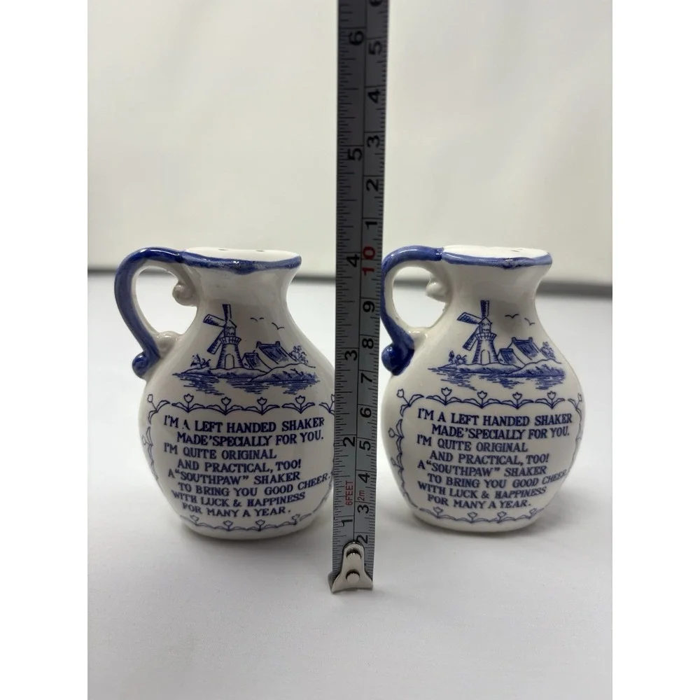 Blue White Left Handed South Paw Salt & Pepper Shakers Boats Vintage Japan